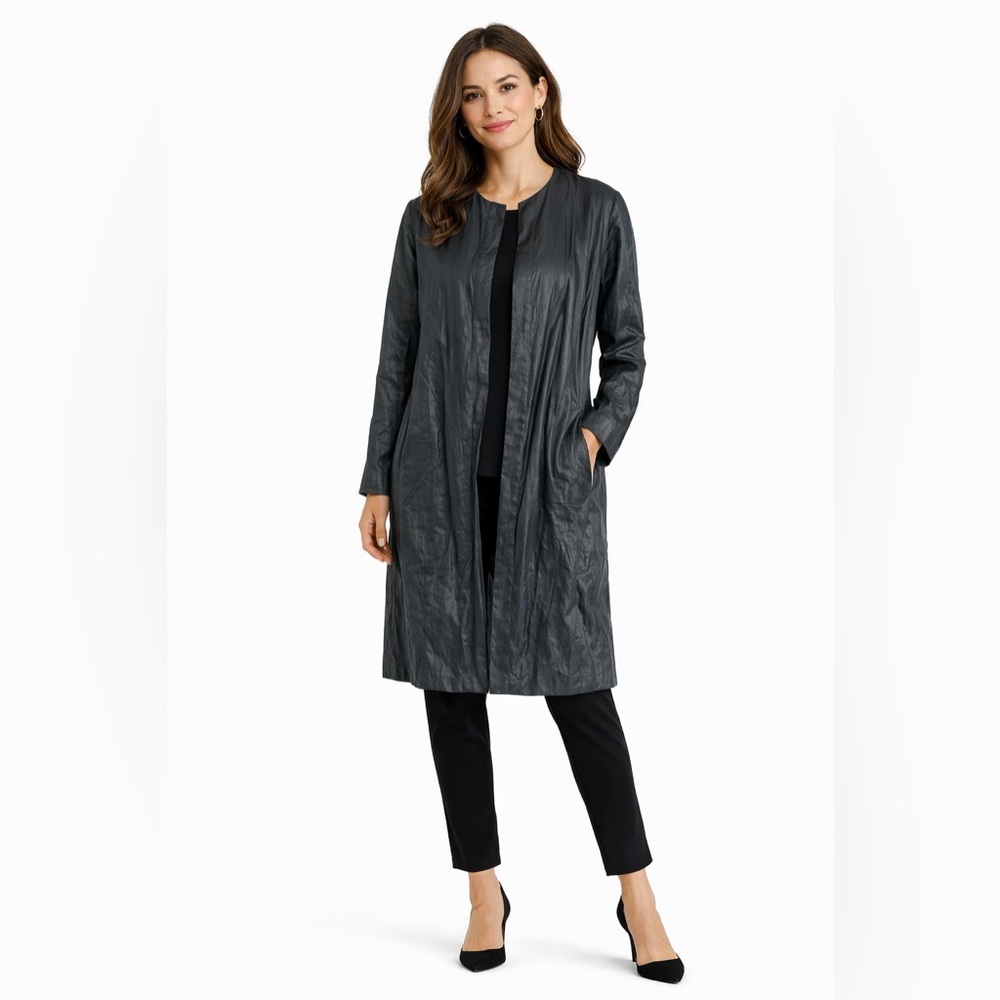 Eileen Fischer Gun Metal Satin Metallic Long Sleeve Duster SZ Petite SM